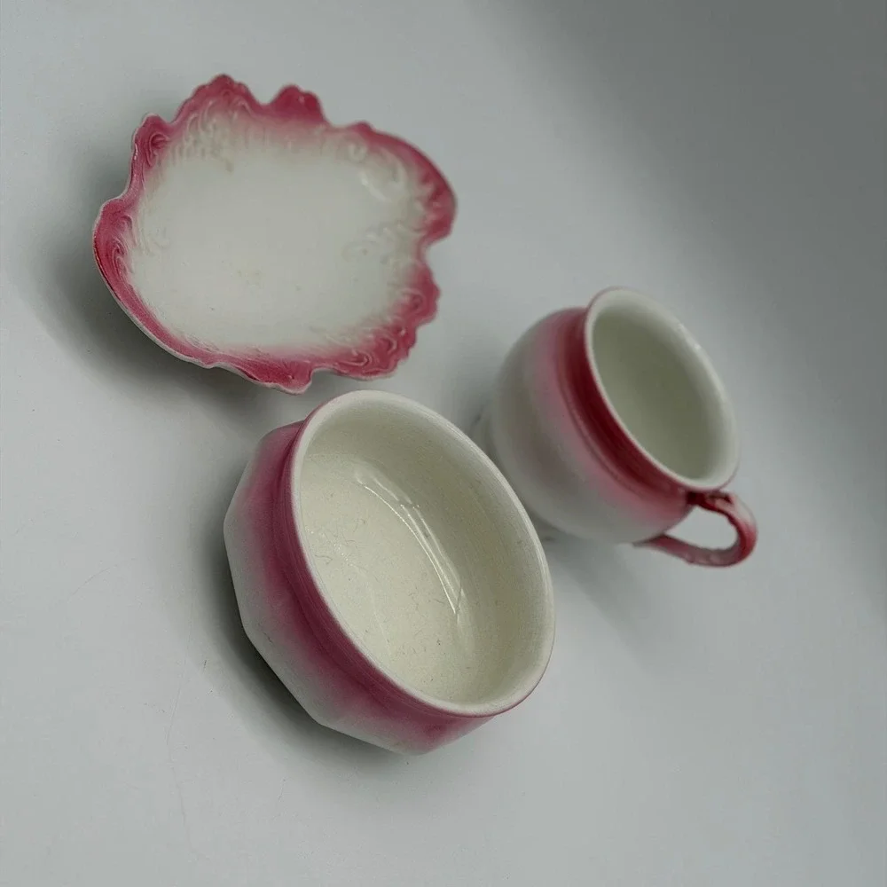 Antique E.P.P. Co Vashti Pink Ombre Ironstone Set Cup Bowl Tray 3pc Victorian